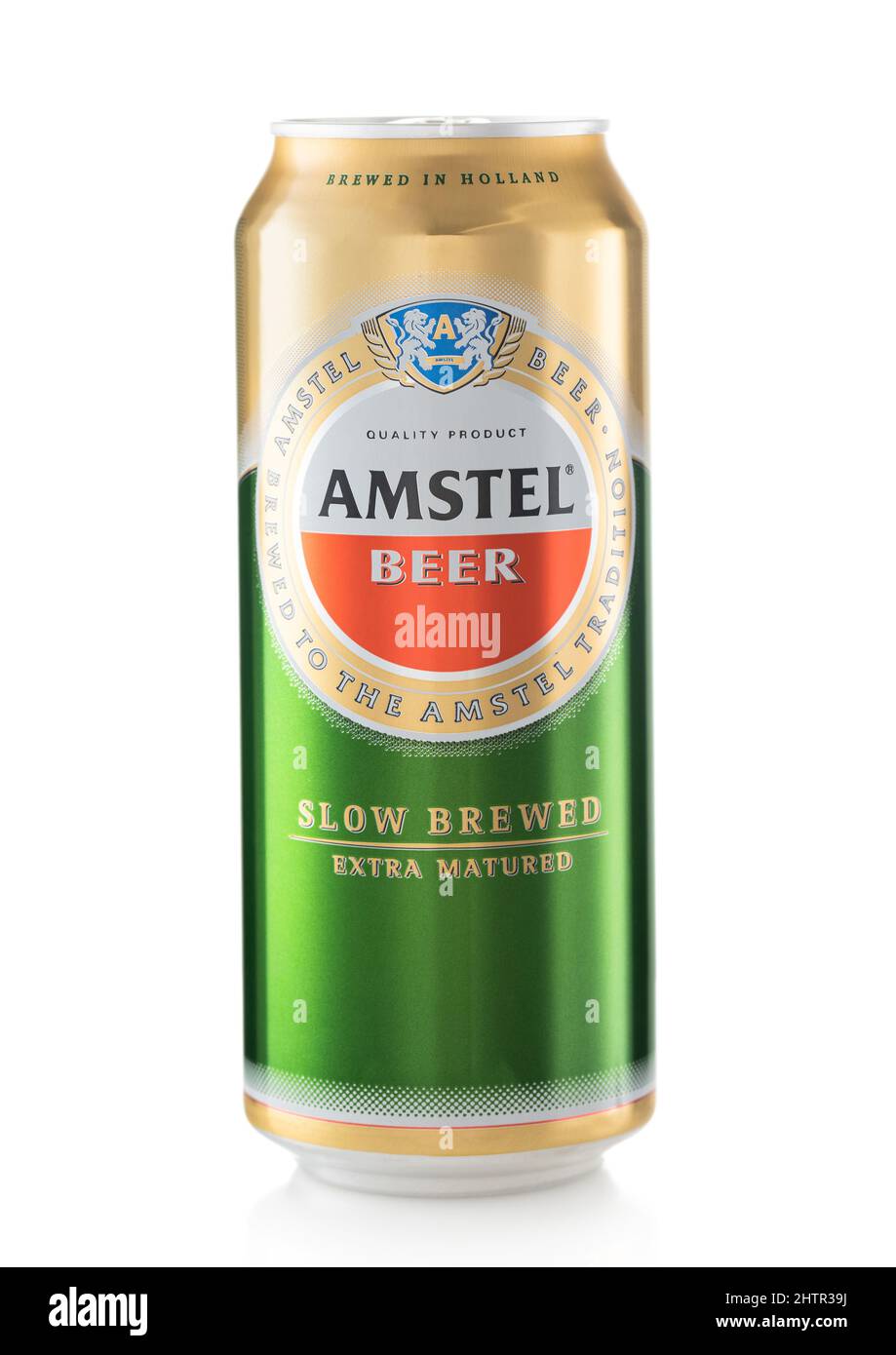 LONDON,UK - FEBRUARY 10,2022: Aluminium can of Amstel original beer from Holland on white. Stock Photo