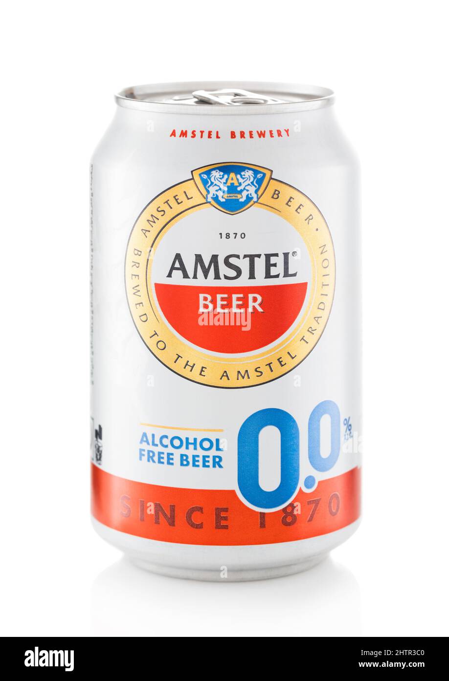 LONDON,UK - FEBRUARY 10,2022: Amstel alcohol free beer in aluminium can on white. Stock Photo
