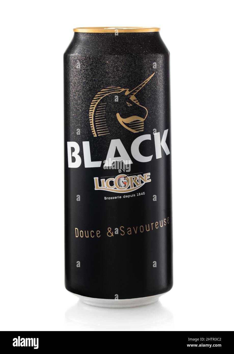 LONDON,UK - FEBRUARY 10,2022: Black Licorne stout original beer on white. Stock Photo