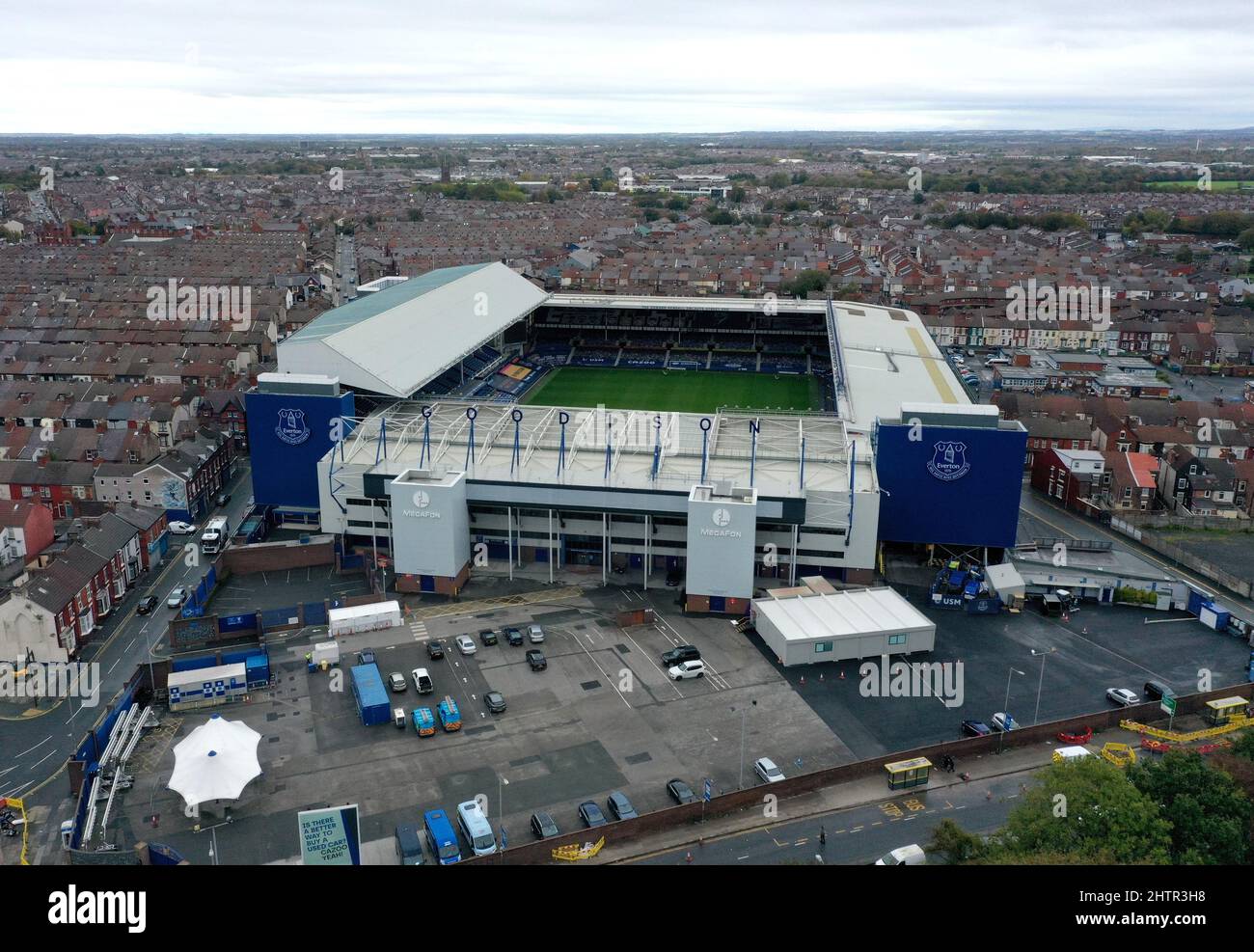File photo dated 13-10-2020 of Goodison Park taken by drone from Stanley Park. Everton have suspended commercial ties with Russian companies USM, MegaFon and Yota. Alisher Usmanov has seen his assets frozen as part of sanctions imposed by the European Union and the Uzbek-born billionaire’s USM Holdings sponsors Everton’s training ground, with an initial five-year deal announced in 2017. It also has an option on naming rights for the Toffees’ new stadium – a deal worth £30million to the club. Issue date: Wednesday March 2, 2022. Stock Photo