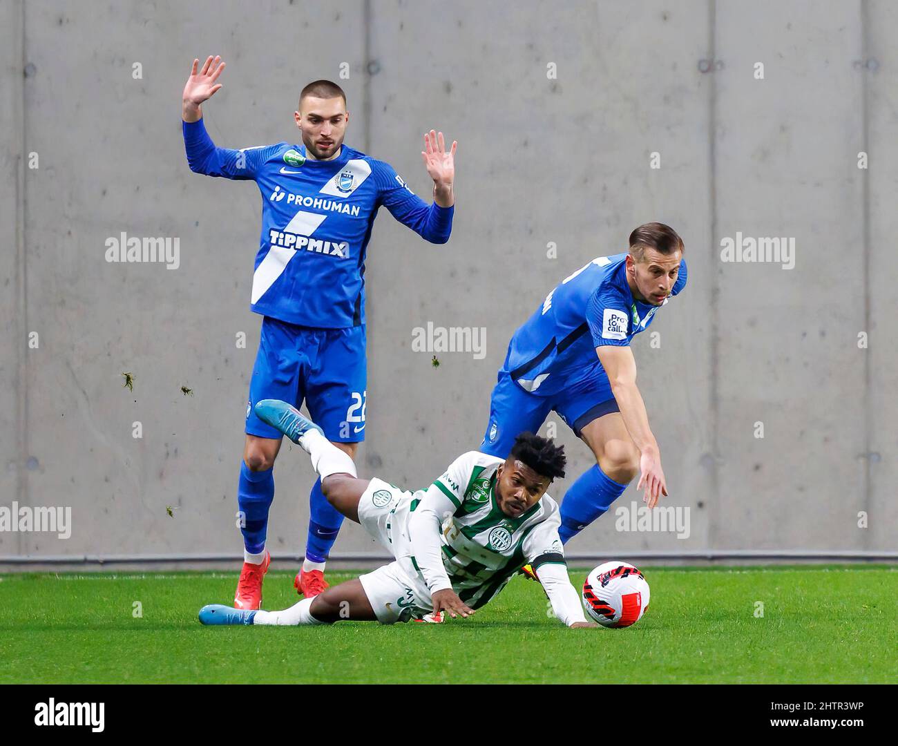 BUDAPEST, HUNGARY - MARCH 6: Lazar Cirkovic of Kisvarda Master Good  challenges Jose Marcos Marquinhos of Ferencvarosi TC during the Hungarian  OTP Bank Liga match between Ferencvarosi TC and Kisvarda Master Good at  Groupama Arena on