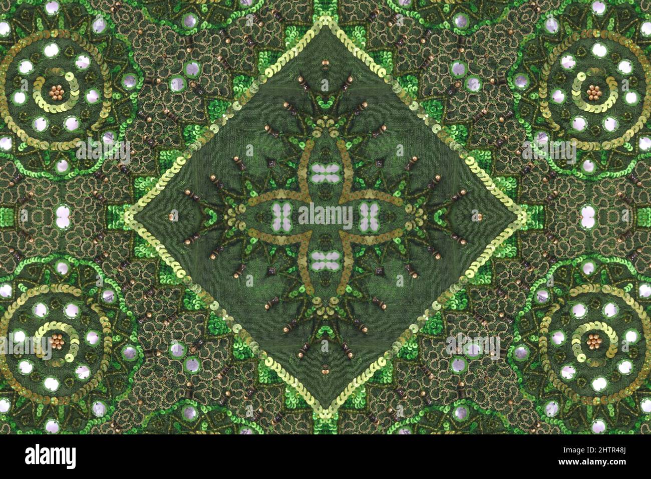 Green Abstract Beaded Cloth Background From India Stock Photo