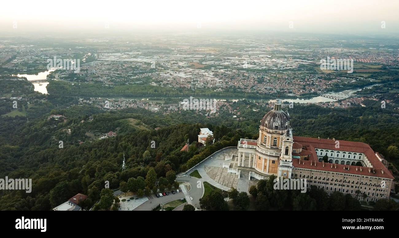 Drone aerial photograph of Basilica Superga in Turin, Italy, Europe. Stock Photo