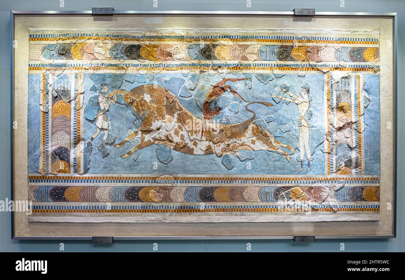 Bull leaping fresco, Heraklion Archaeological Museum, Crete, Greece Stock Photo
