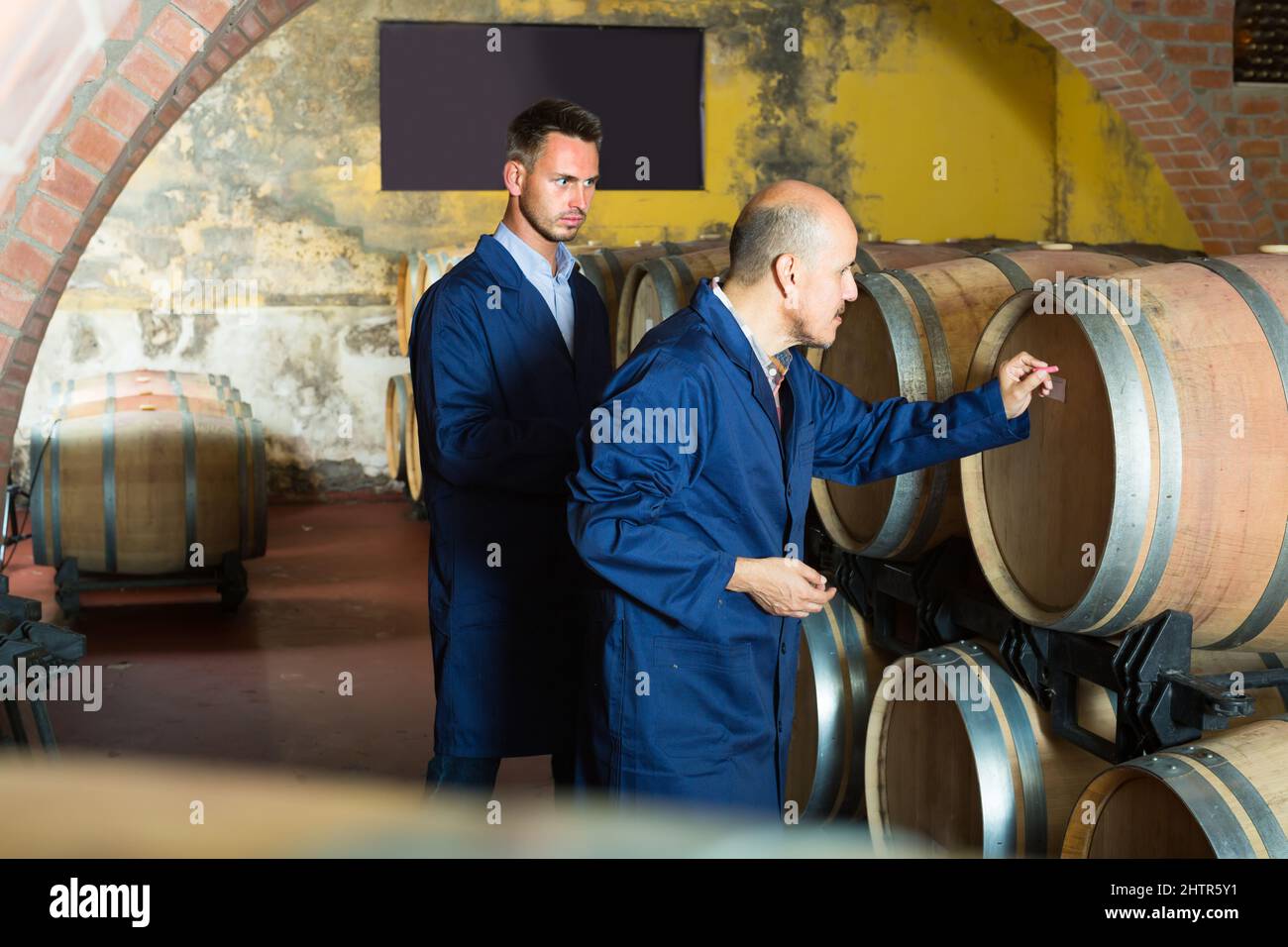 two wine makers in winery cellar Stock Photo Alamy