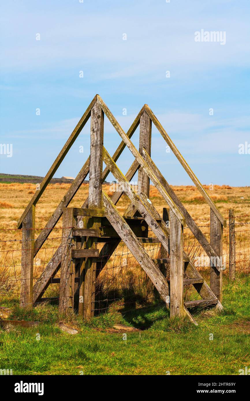 A Stile over a moorland stock fence in Nidderdale, North Yorkshire Stock Photo