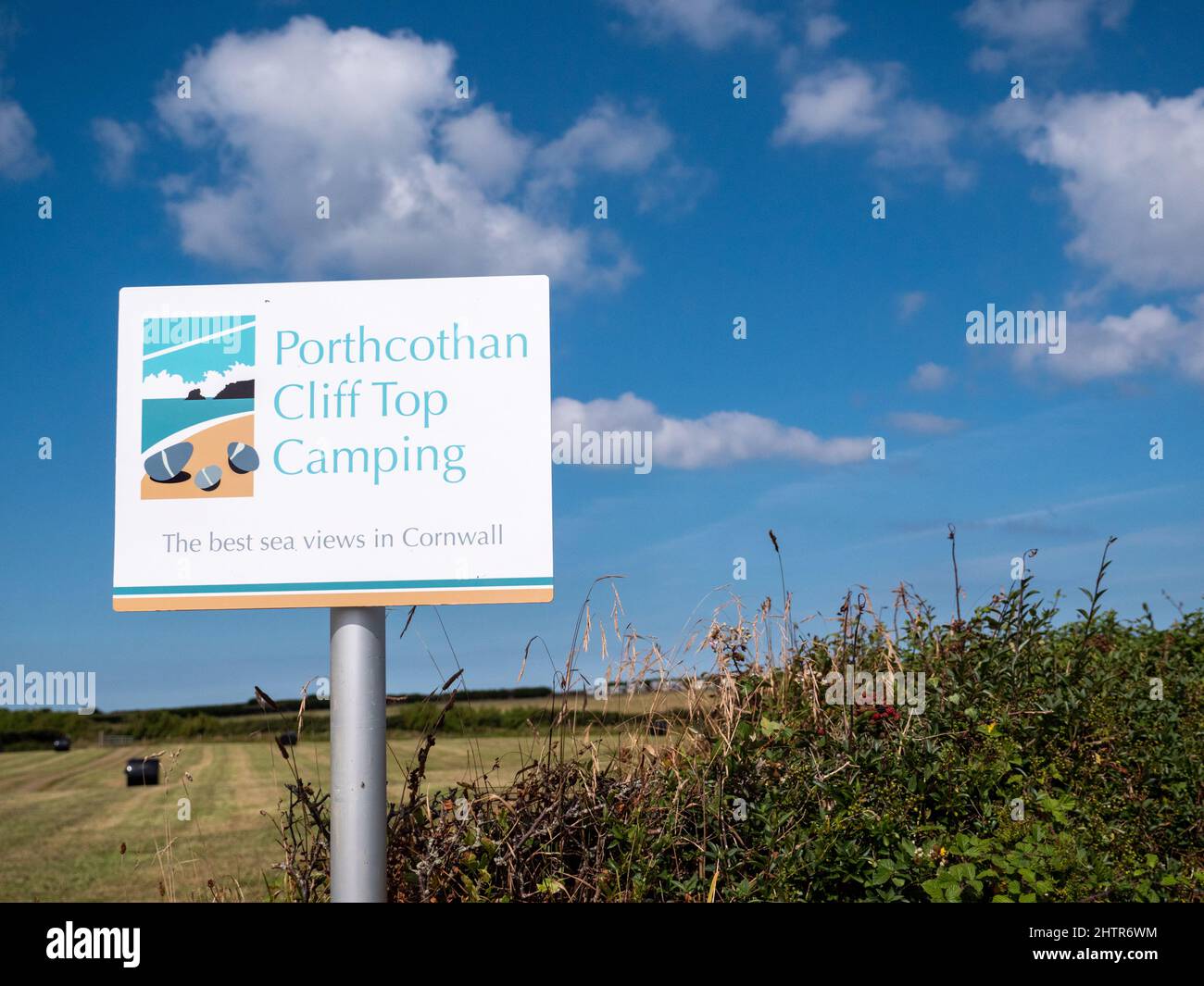 The sign for Porthcothan Cliff Top camping site in Porthcothan Bay Cornwall UK a pop up campsite in response to Covid pandemic Stock Photo