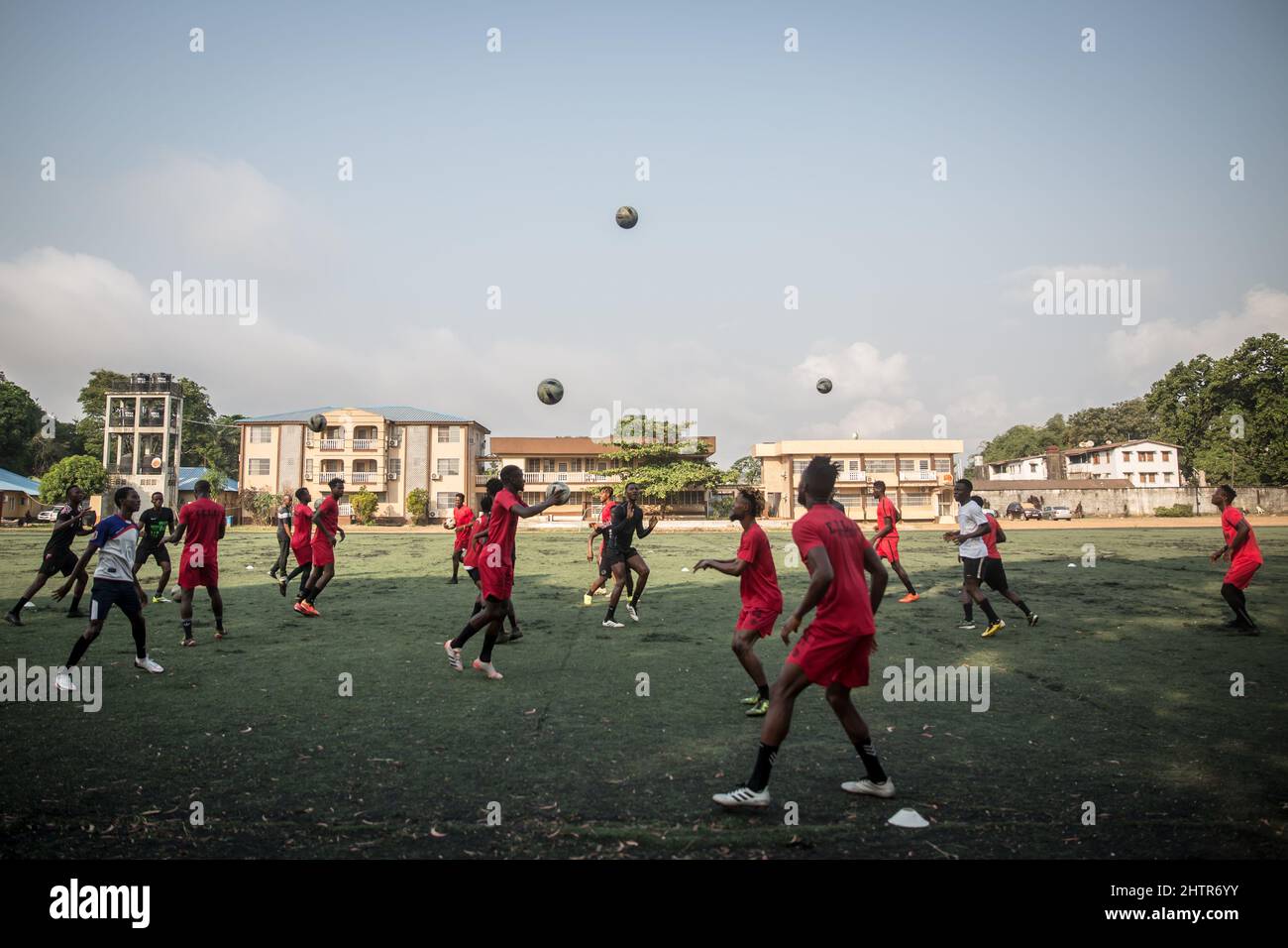 Freetown, Sierra Leone. 18th Jan, 2022. Leading Freetown premier league football club, the East End Lions hold an early morning practice.Sierra Leone qualified for the Africa Cup of Nations in 2022 for the first time in 26 years, giving hope to many local football players that they will get more international opportunities going forward. (Credit Image: © Sally Hayden/SOPA Images via ZUMA Press Wire) Stock Photo