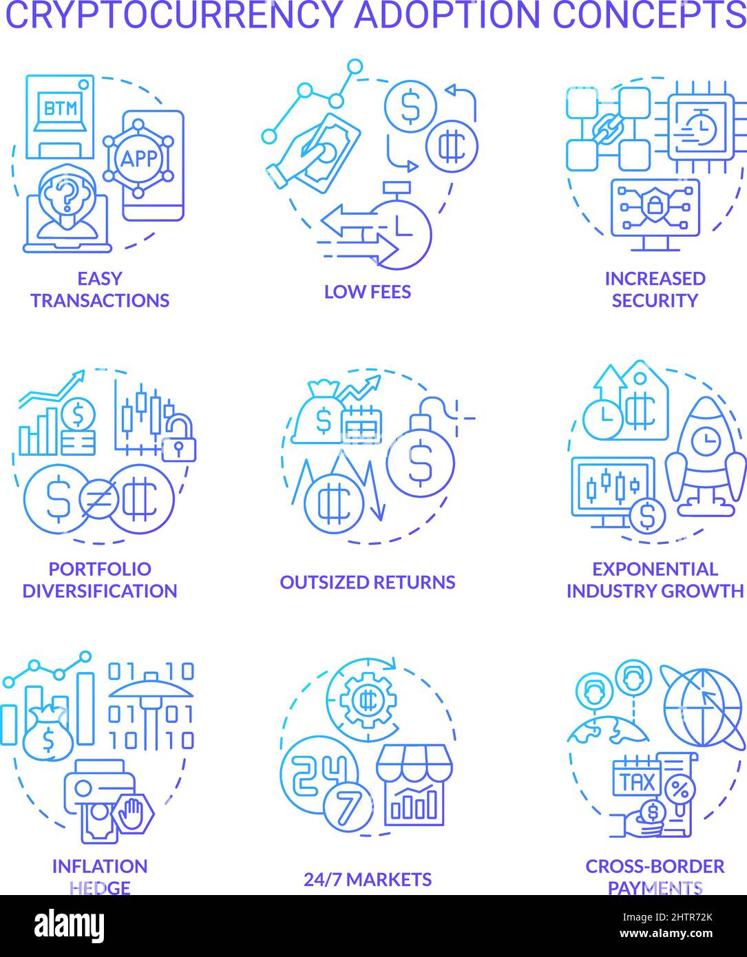 Cryptocurrency adoption blue gradient concept icons set Stock Vector