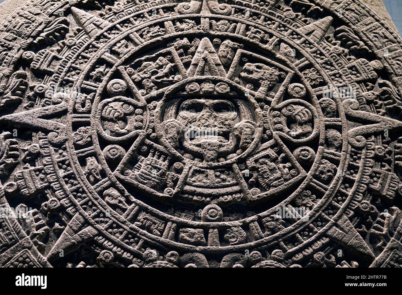 Mexico, Mexico City, The Aztec sun stone (Spanish: Piedra del Sol) is a late post-classic Mexica sculpture housed in the National Anthropology Museum Stock Photo