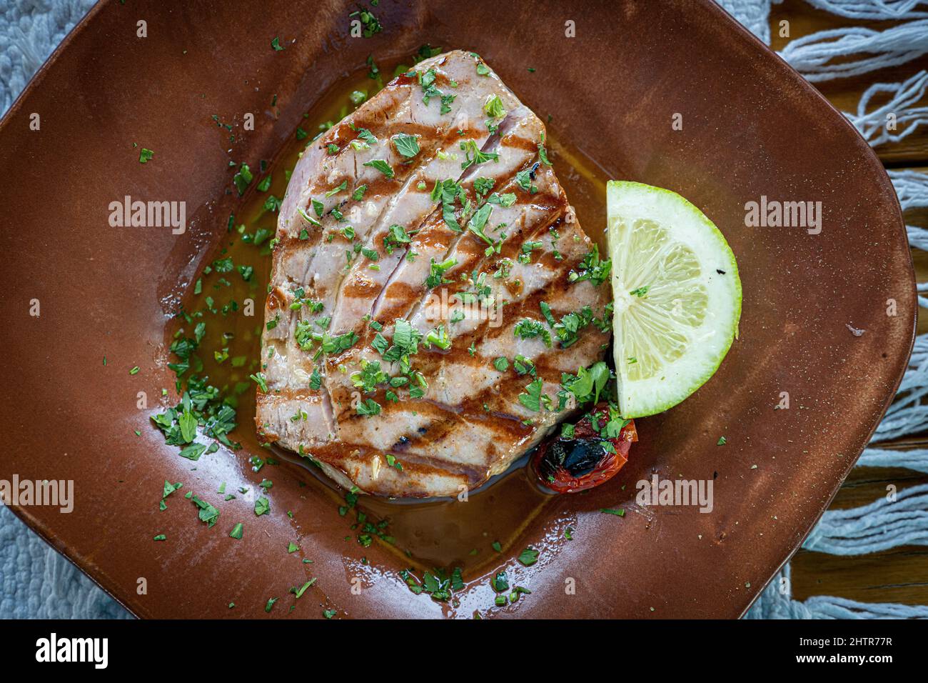 Grilled steak with herbs and extra virgin olive oil, Crete, Greece