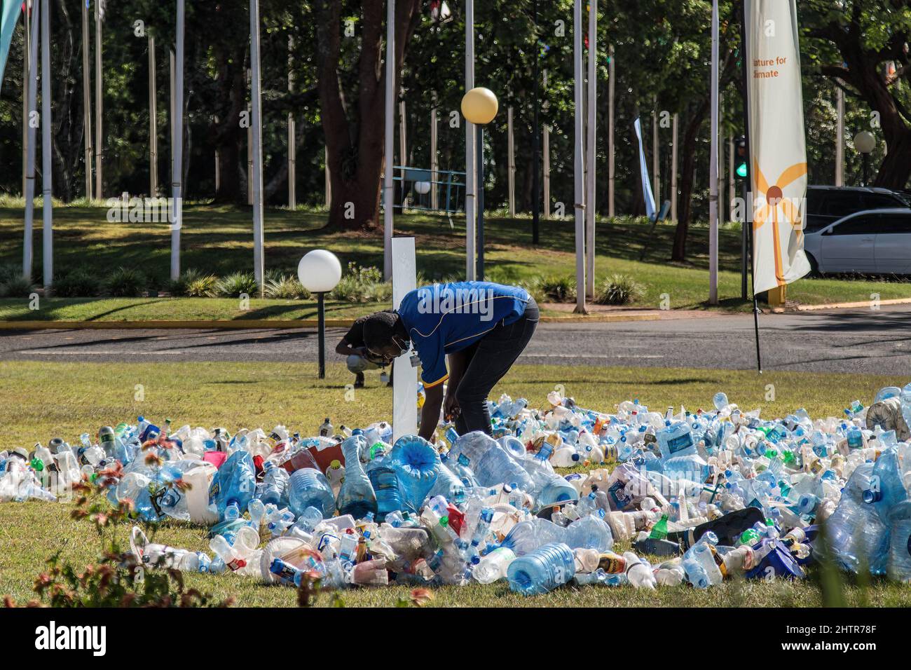 February 27, 2022, Nairobi, Kenya A man is seen organizing plastic