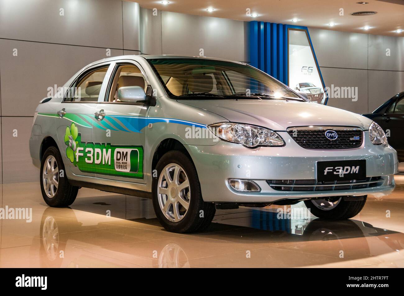 BYD F3DM car on display at BYD’s Pingshan factory in Shenzhen, Guangdong Province, China. Stock Photo
