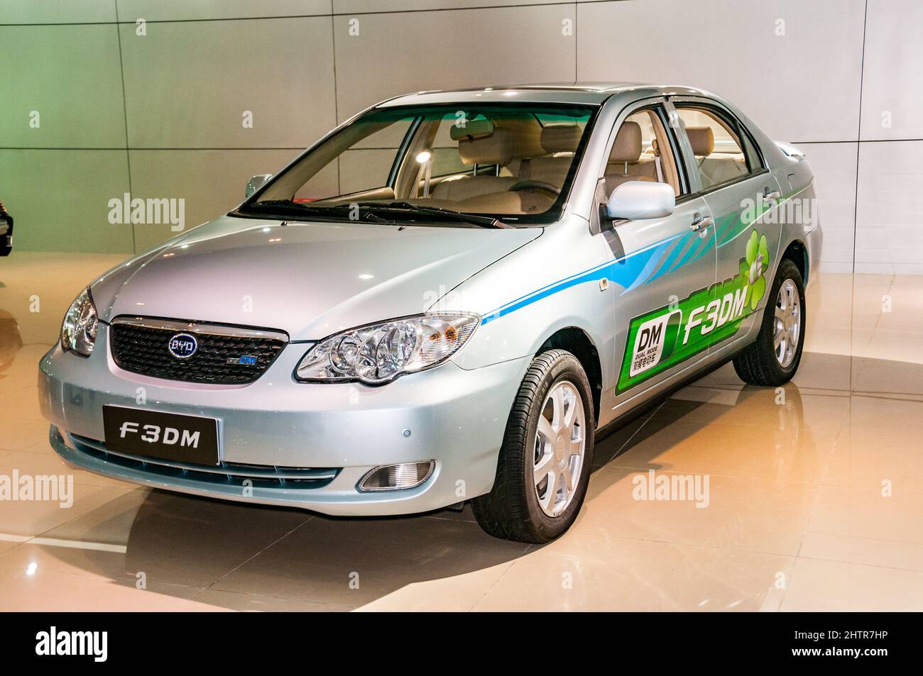 BYD F3DM car on display at BYD’s Pingshan factory in Shenzhen, Guangdong Province, China. Stock Photo