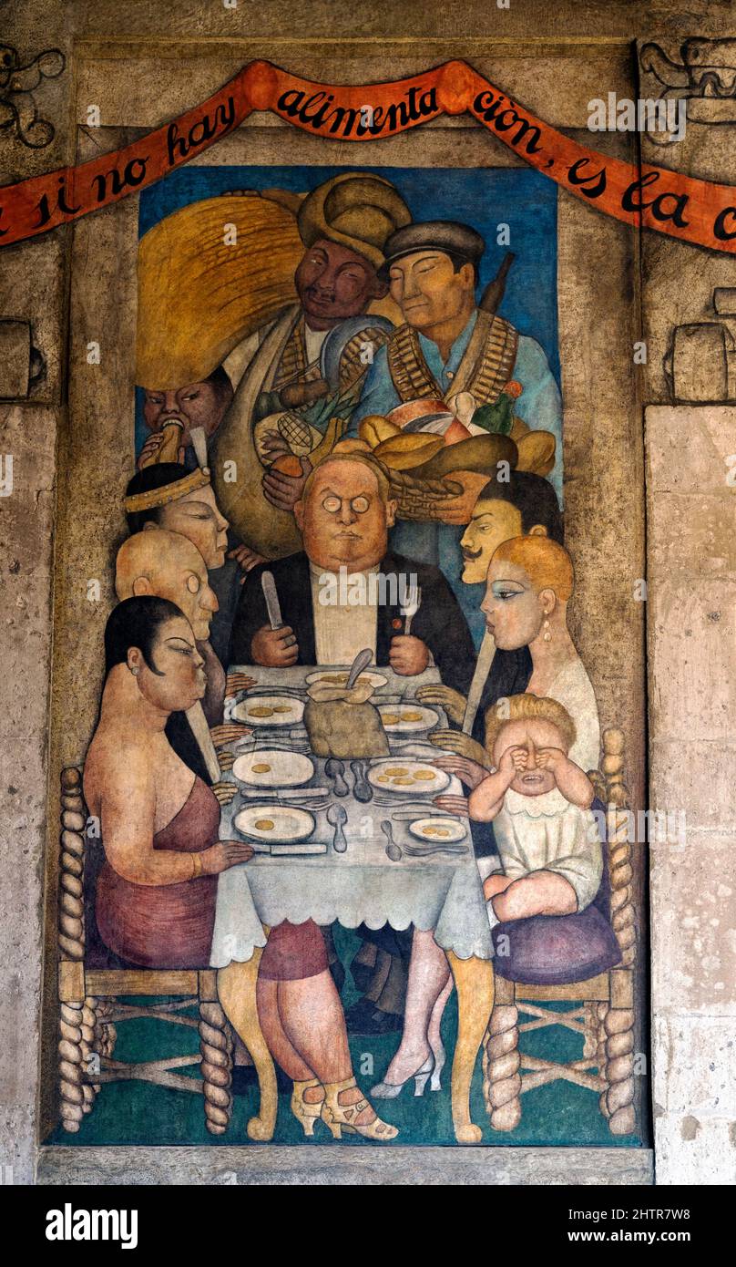 Wall Mural, 'The Capitalist Dinner', Painted by Diego Rivera,1928, Secretariate of Education Building, Mexico City, Mexico Stock Photo