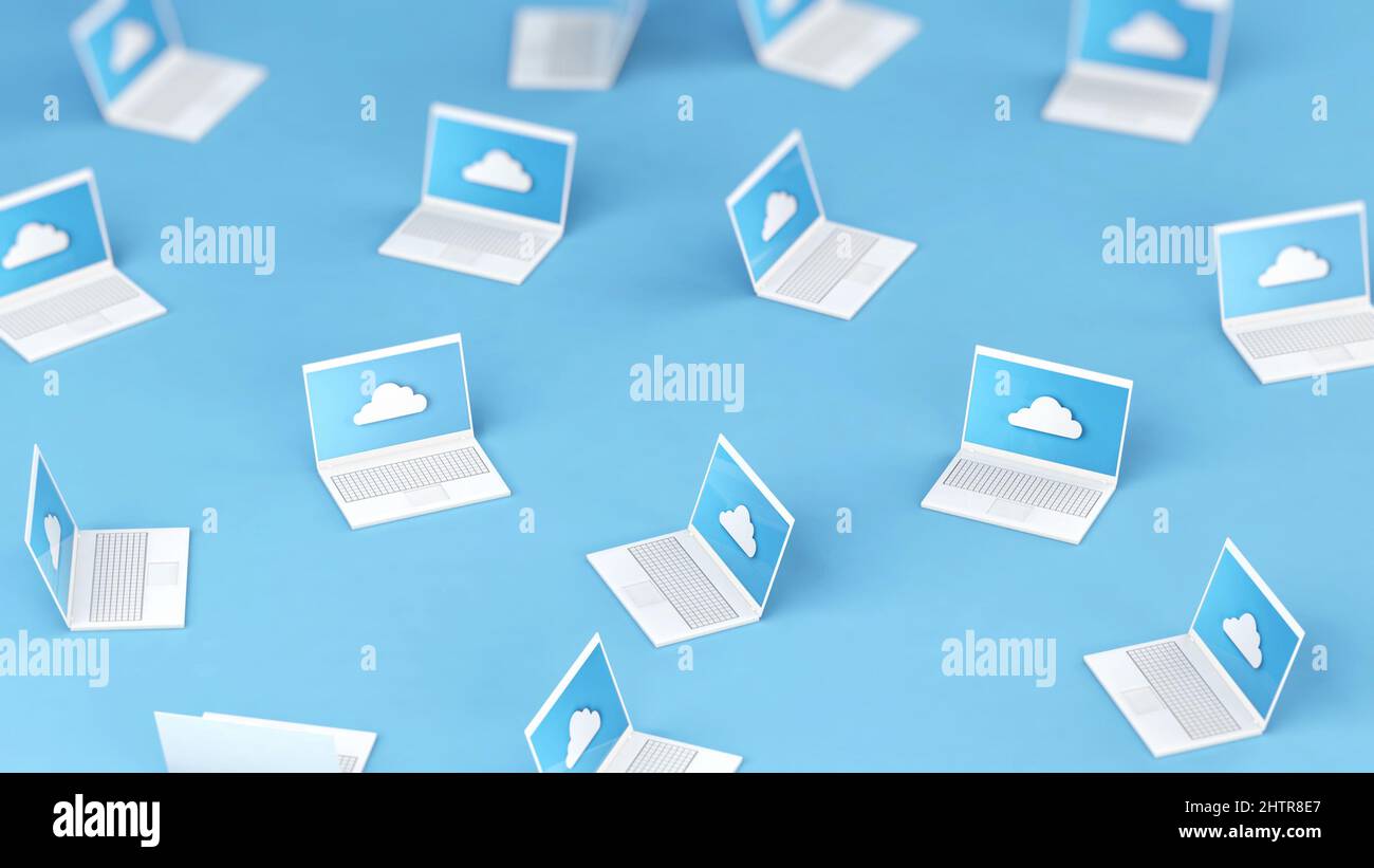 A bunch of laptop computer connected in cloud, 3d illustration Stock Photo