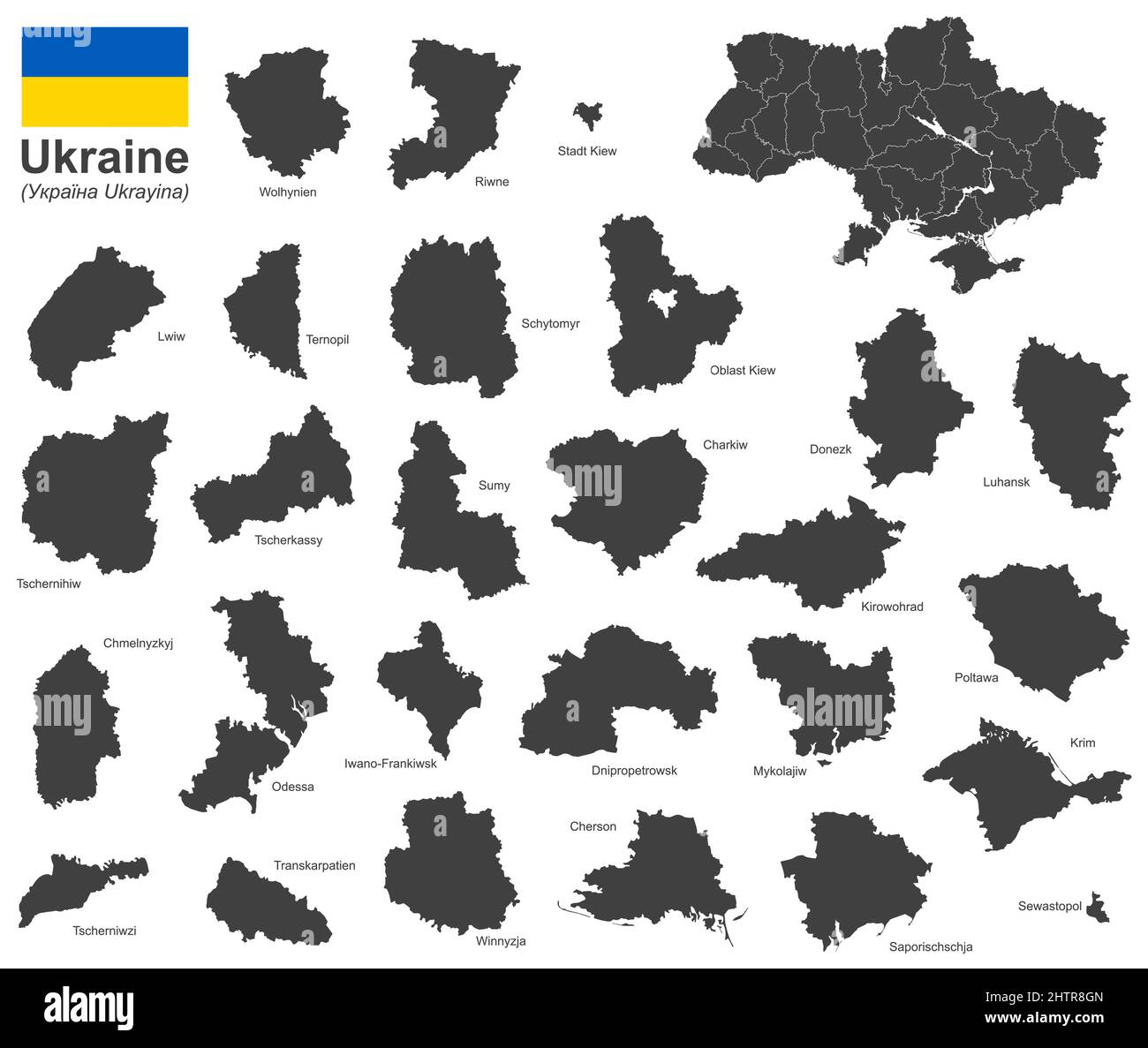 eps vector illustration with country ukraine and administrative divisions, oblasts, autonomous republics and special cities Stock Vector