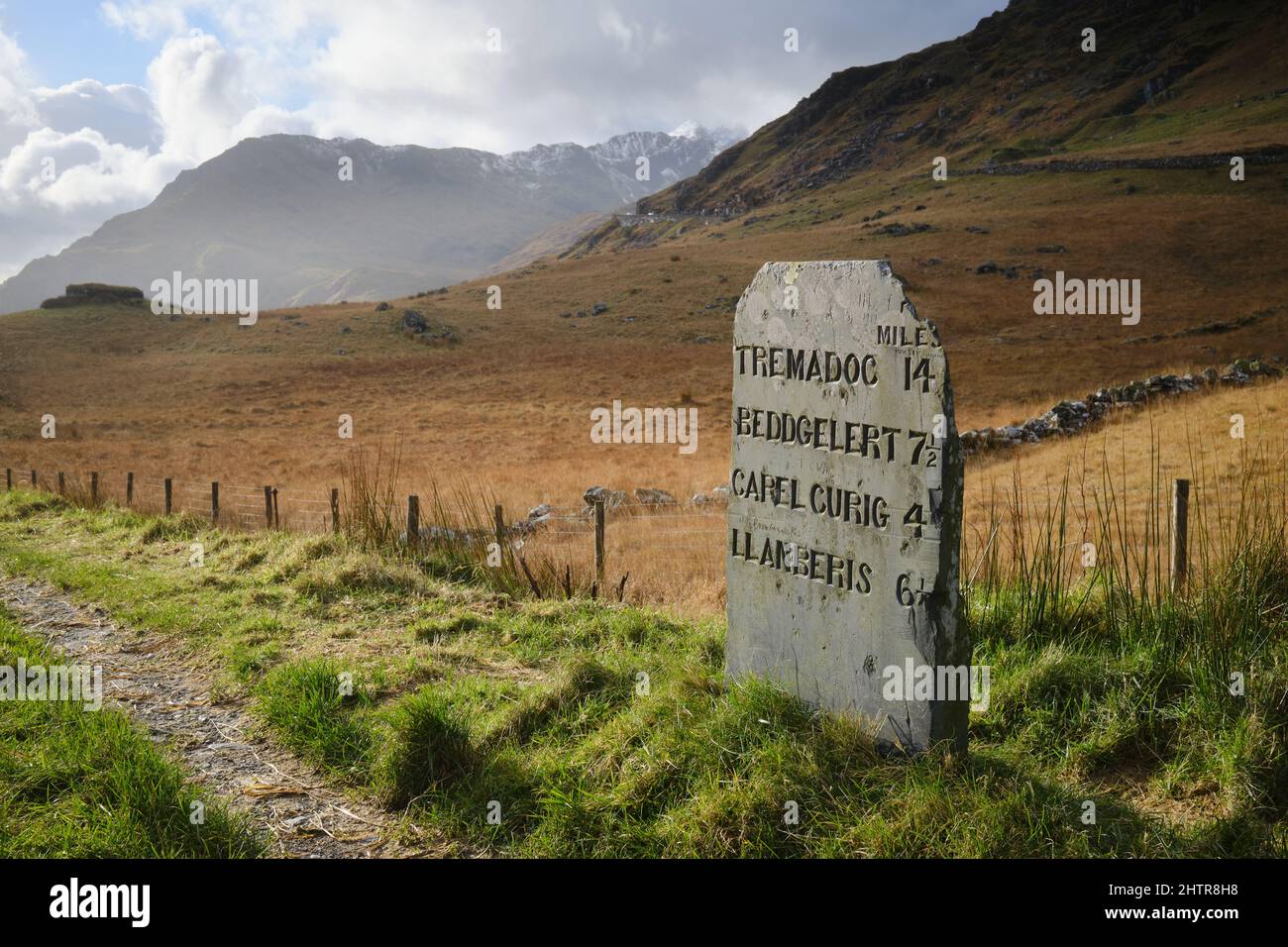 19th-century roadside milestone in Snowdonia, Wales Stock Photo