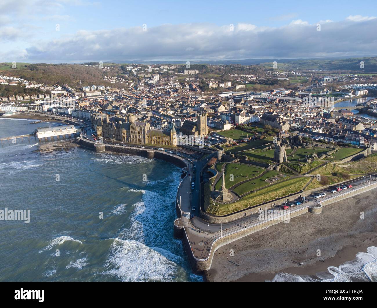Aerial view of the sea front at Aberystwyth on the Welsh coast Stock