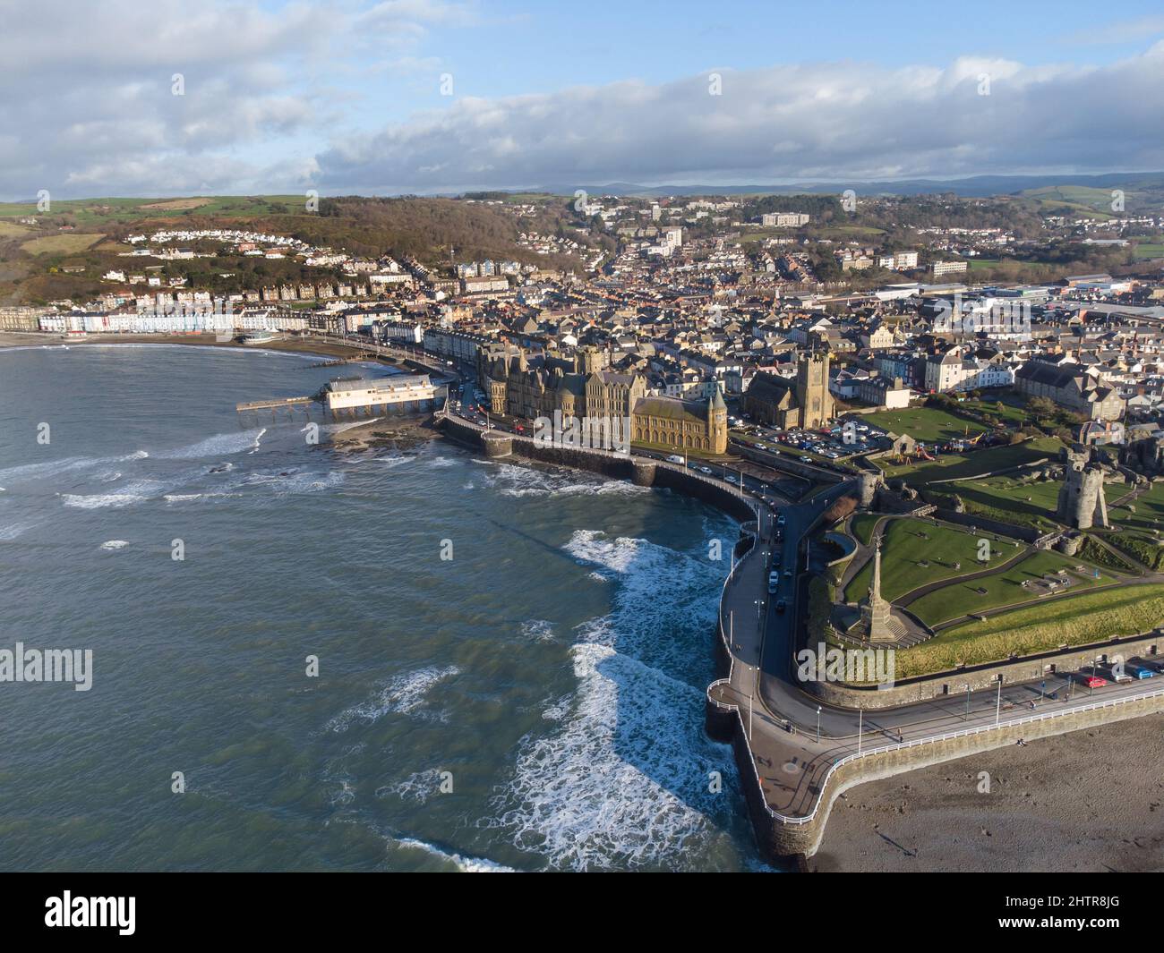 Aerial view of the sea front at Aberystwyth on the Welsh coast Stock Photo