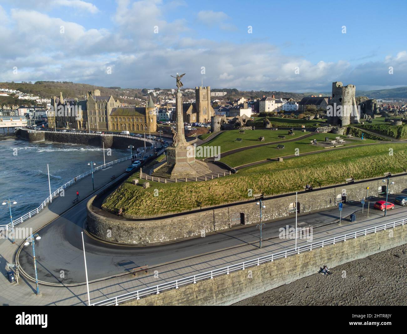 Aerial view of the sea front at Aberystwyth on the Welsh coast Stock