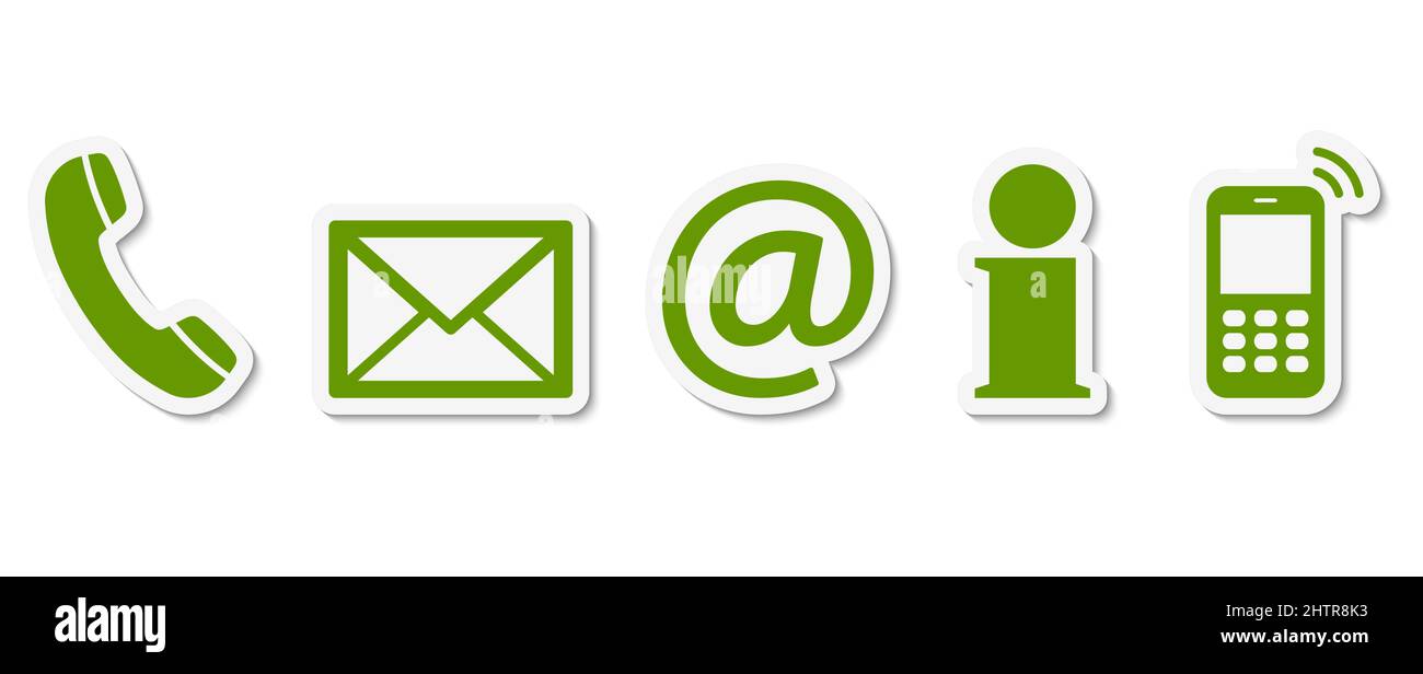 Contact Us – set of green colored icons with white frame and shadow Stock Vector