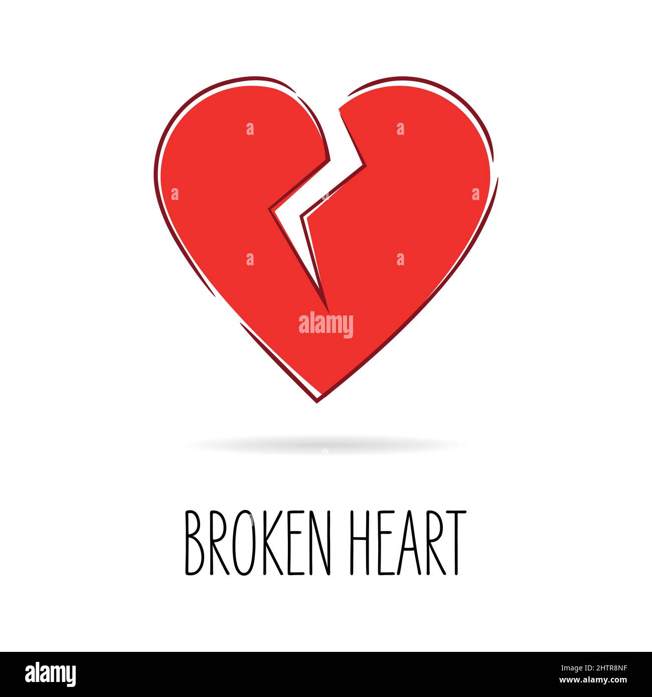 Broken Heart - Heart Icon with shadow and text on a white background Stock Vector
