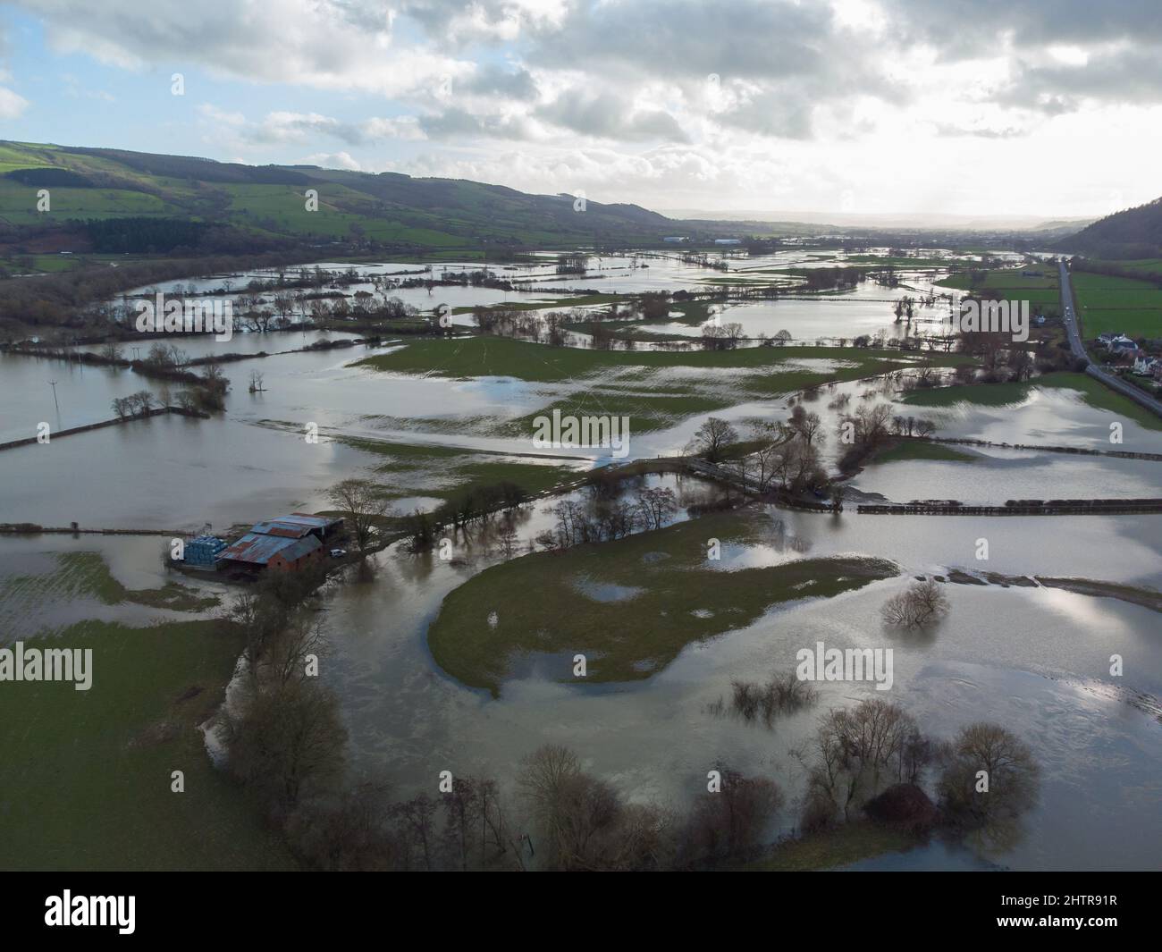 Flooded farmland by the River Severn on the England/Wales border Stock Photo