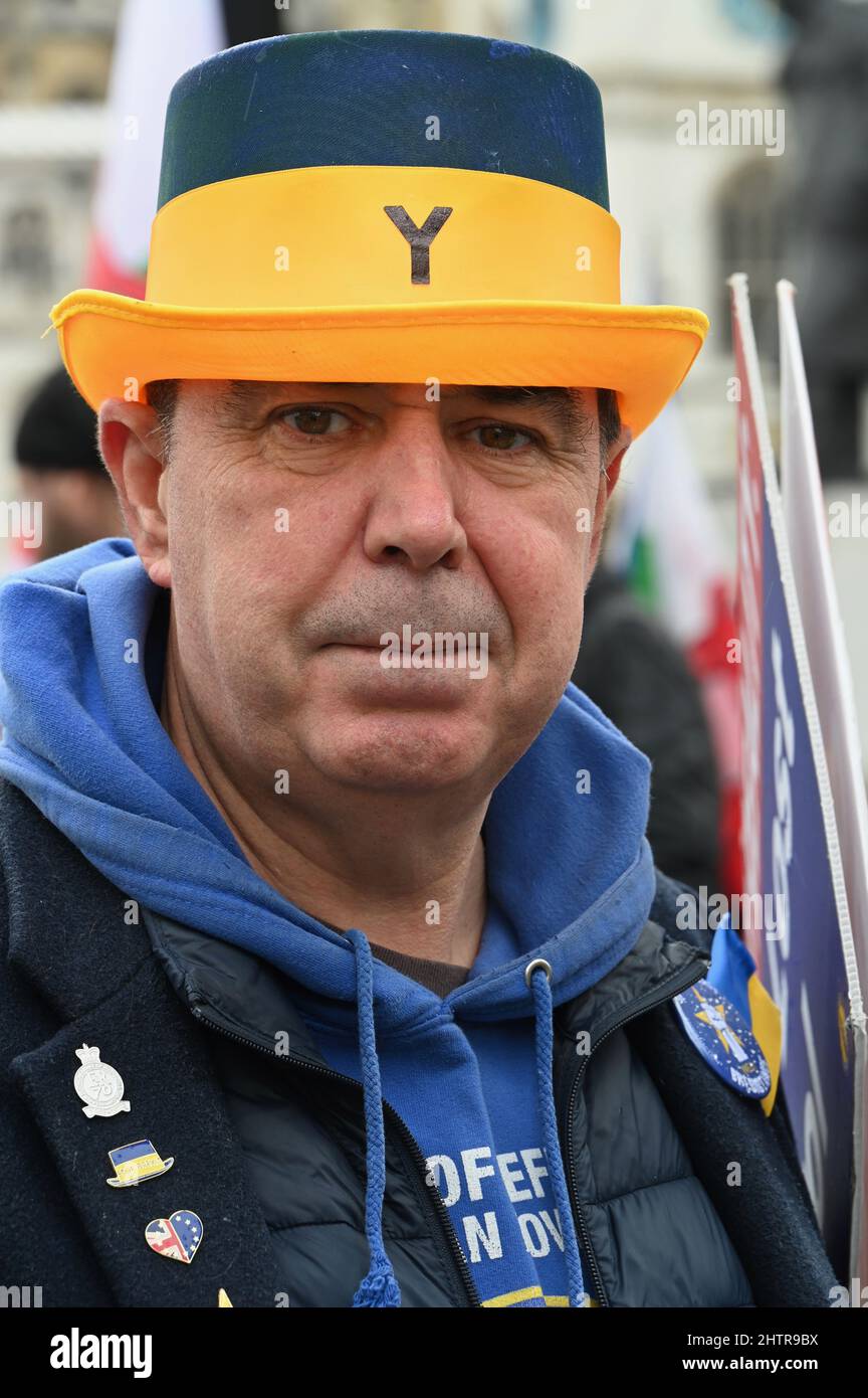 London, UK. 2nd March 2022, Steve Bray wears a hat in Ukraine colours. SODEM Anti Tory Government protesters demonstrated against the Russian Invasion of Ukraine, Parliament Square, Westminster. Credit: michael melia/Alamy Live News Stock Photo