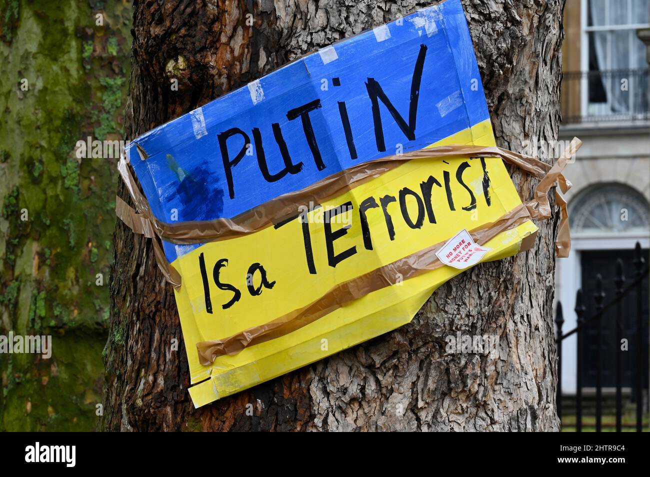 Westminster, London, UK. 2nd March 2022, Anti Vladimir Putin poster on a tree near Downing Street. As protests against the Russian Invasion of Ukraine continue. Credit: michael melia/Alamy Live News Stock Photo