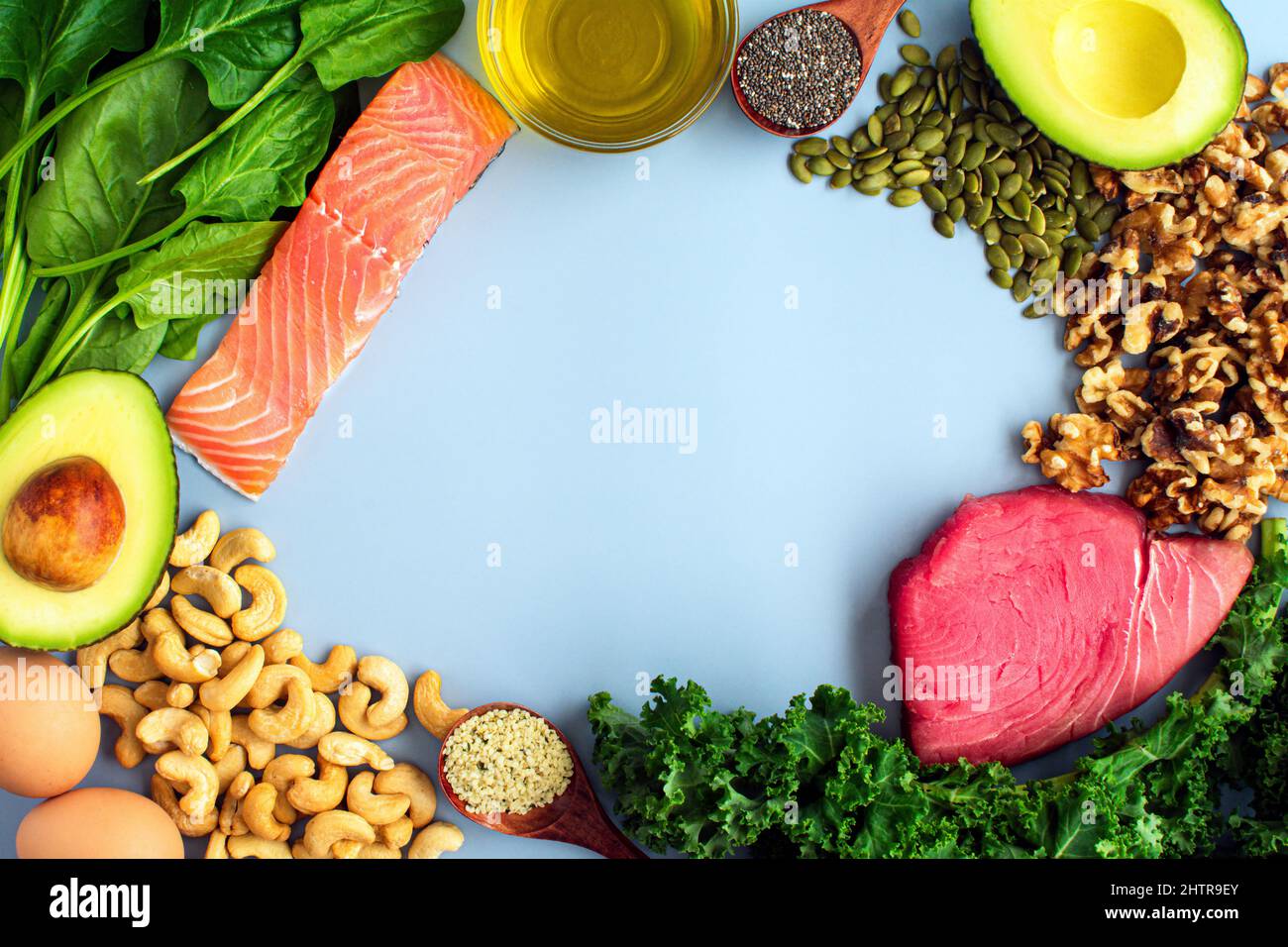 Overhead View of Fresh Omega3 Rich Foods A variety of healthy foods