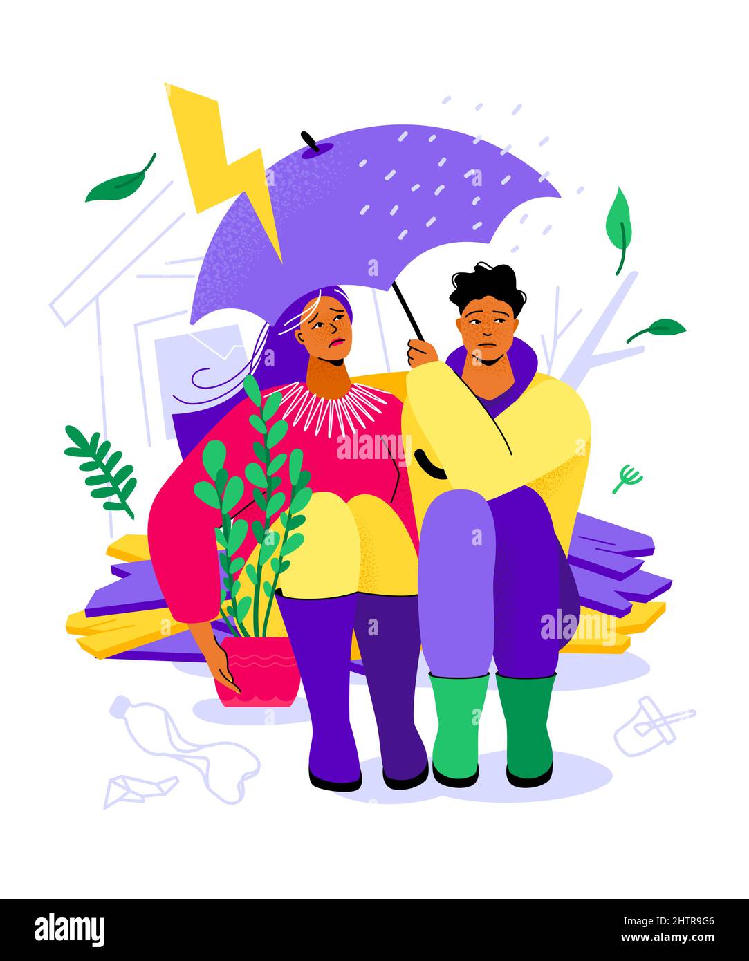 Hurricane deals damage - colorful flat design style illustration with cartoon characters. A young couple is hiding under an umbrella from the rain and Stock Vector