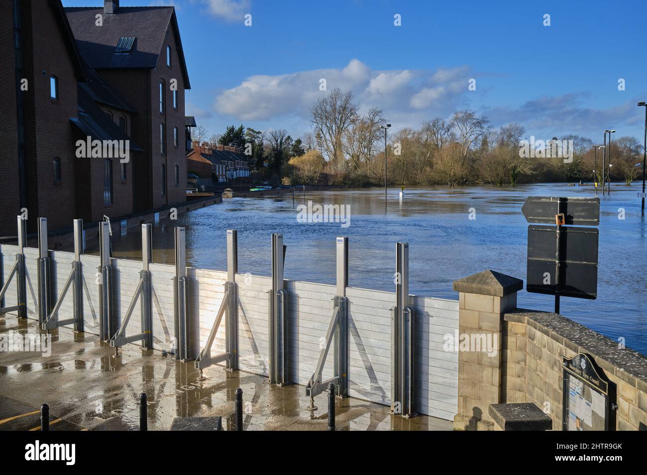 Temporary flood barriers by the River Severn in Shrewsbury, UK Stock Photo