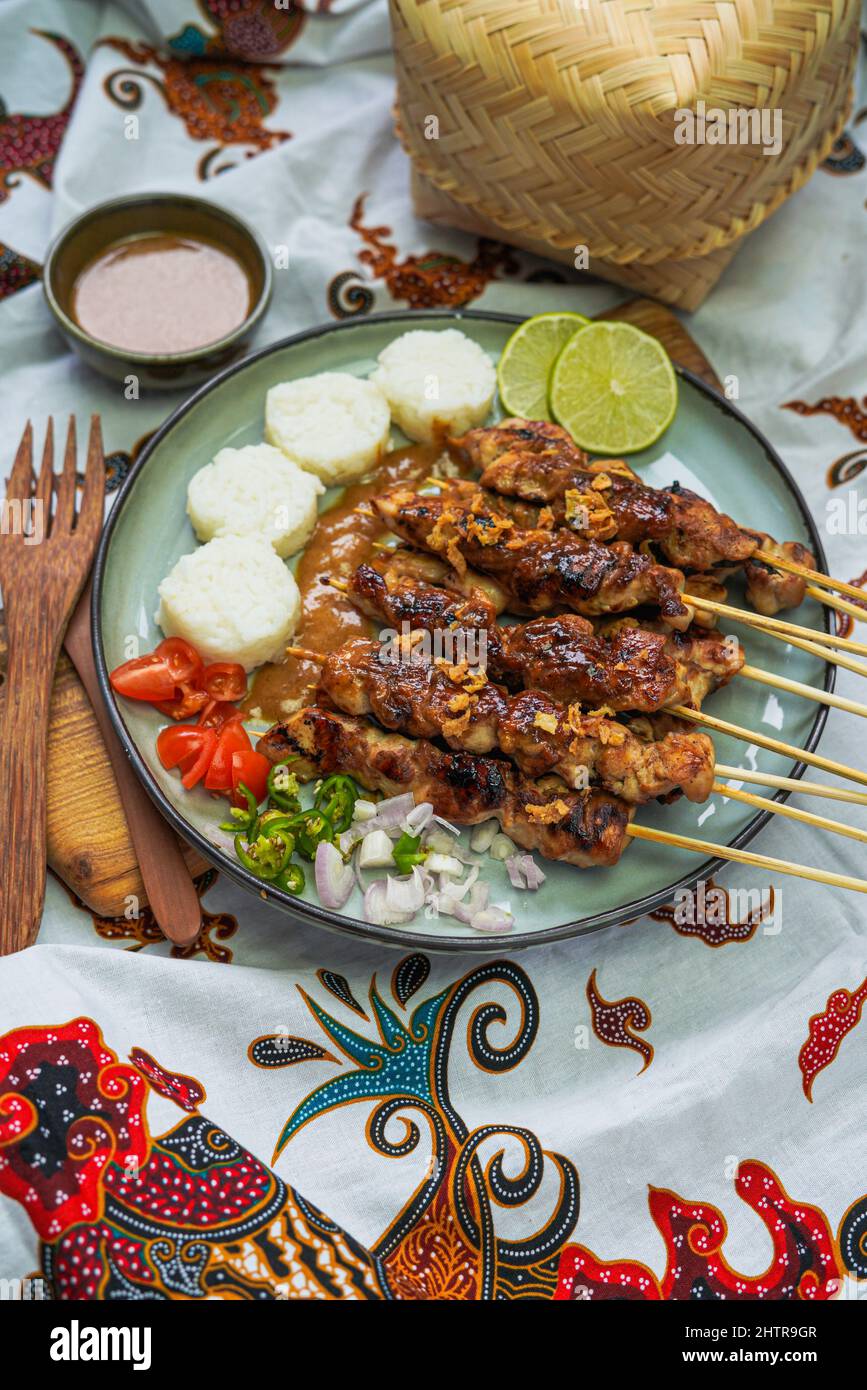 Indonesian famous food sate ayam (chicken satay) , served with peanut