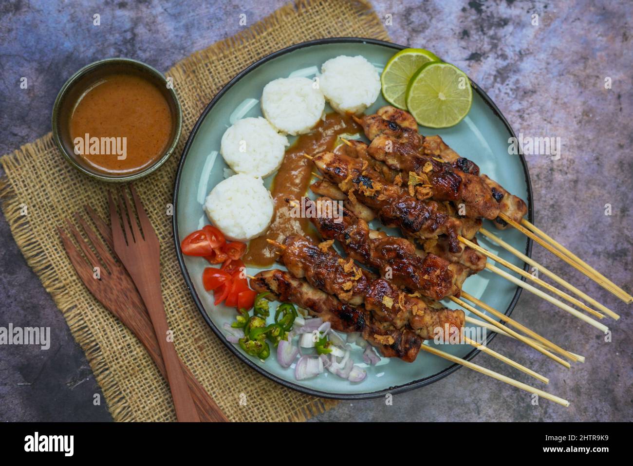 Indonesian famous food sate ayam (chicken satay) , served with peanut