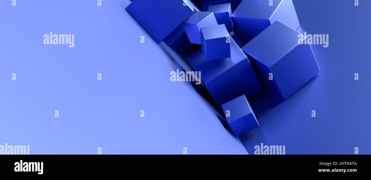 Abstract image of differently sized blue metallic cubes rumbling down a angled plane. Web banner format Stock Photo