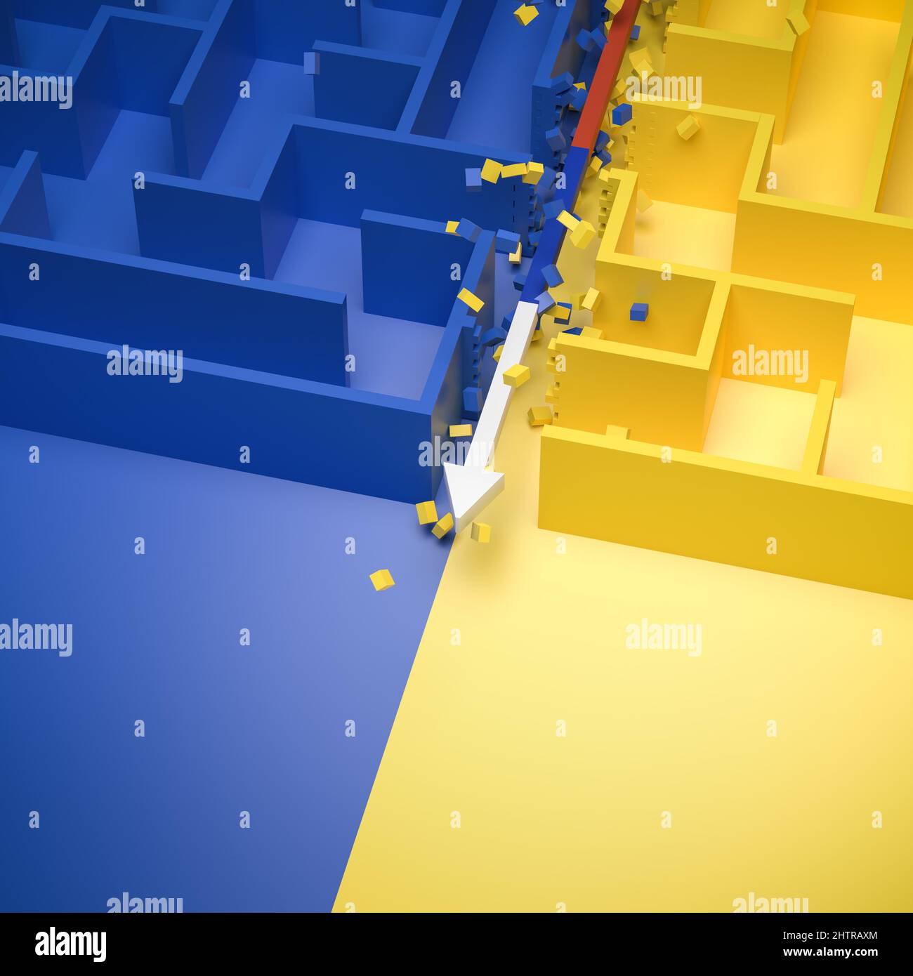 Russian invasion into Ukraine concept. A maze in the color of the Ukrainian flag being destroyed by a brute force attack of an arrow in the colors of Stock Photo