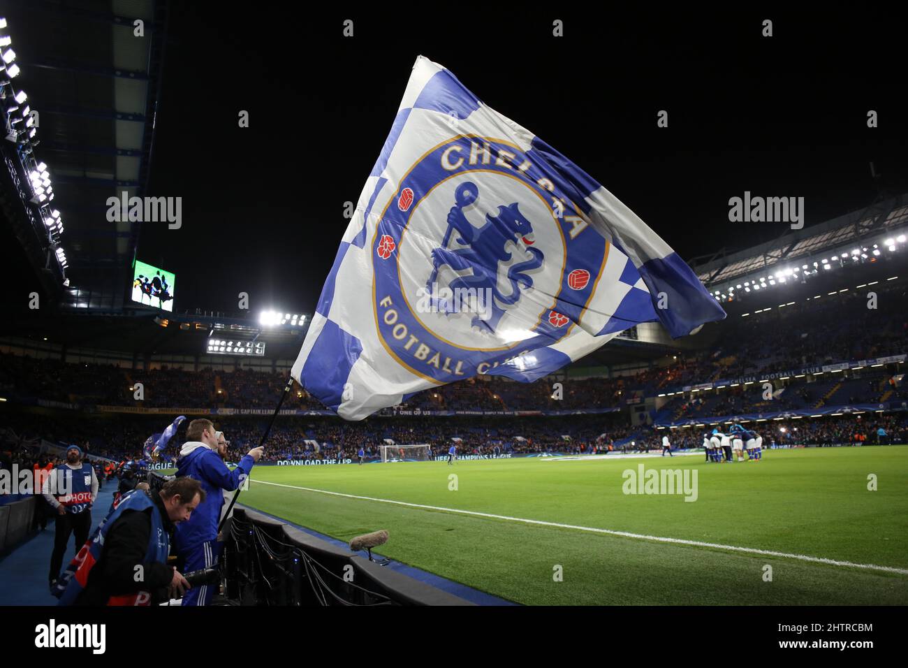 Chelseaflag is waved before  the UEFA Champions League match between Chelsea and FC Porto at Stamford Bridge in London. December 9, 2015. James Boardman / Telephoto Images +44 7967 642437 Stock Photo