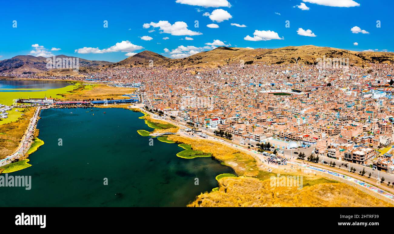 View of Puno with Lake Titicaca in Peru Stock Photo