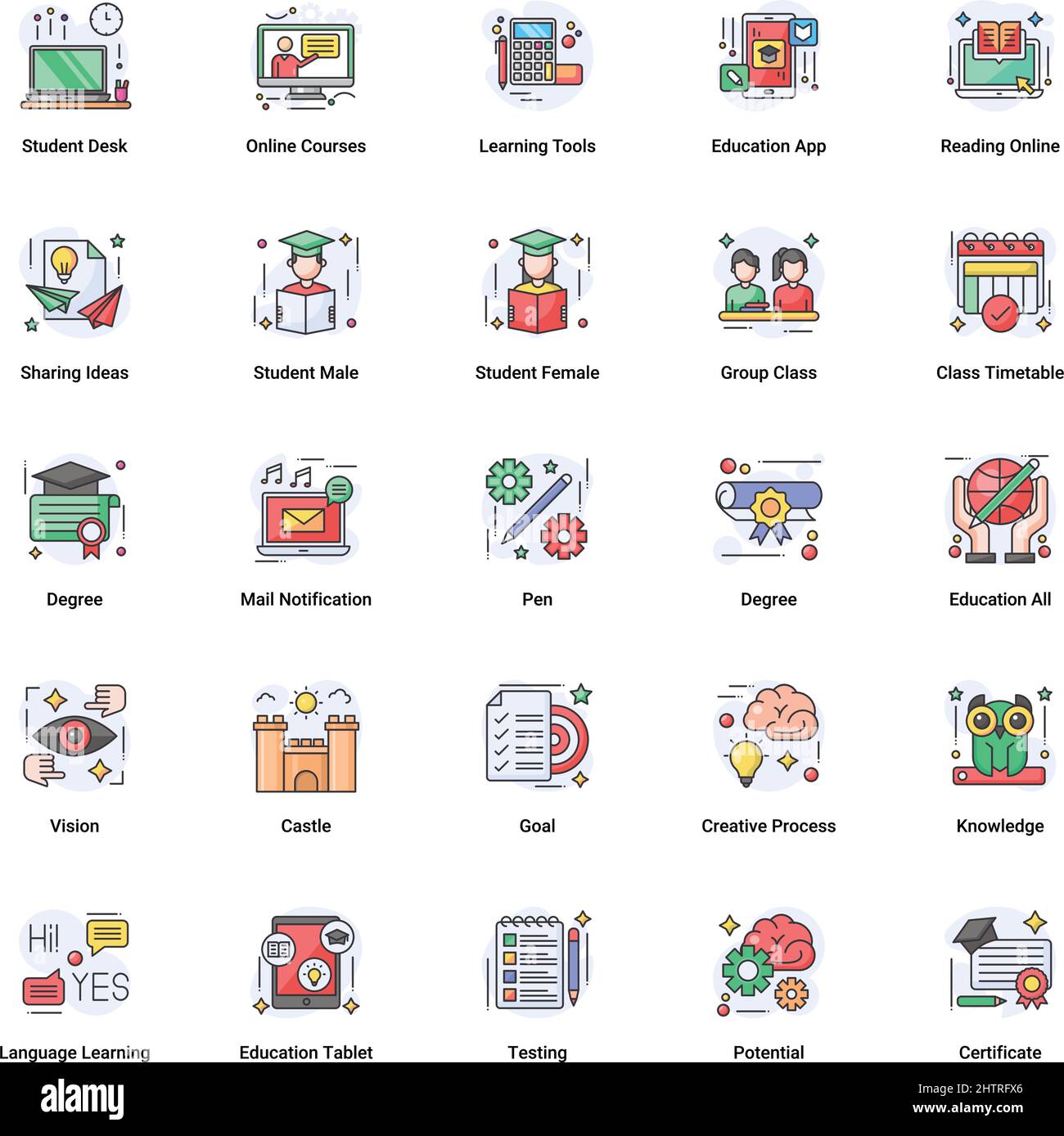 Online Education vector color flat icons suitable for website, mobile apps, infographic and any other project. Fully Editable Stroke. Stock Vector
