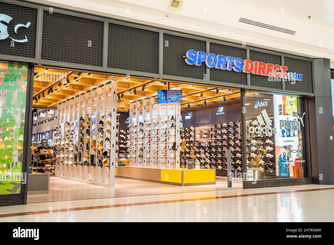 Front entrance of Sports Direct store inside Merry Hill Shopping Centre in the Midlands, UK. Stock Photo