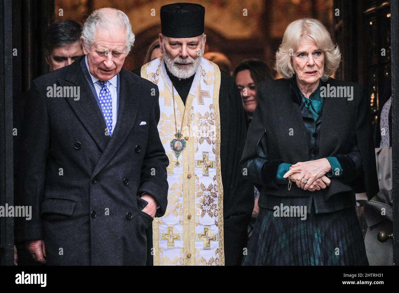 Westminster, London, UK. 02nd Mar, 2022. Charles, Prince of Wales and Camilla, Duchess of Cornwall visit a church service at the Ukrainian Cathedral in Mayfair, London, this afternoon, welcomed by Bishop Kenneth Nowakowski and the Ukrainian ambassador to the UK, Vadym Prystaiko. Credit: Imageplotter/Alamy Live News Stock Photo