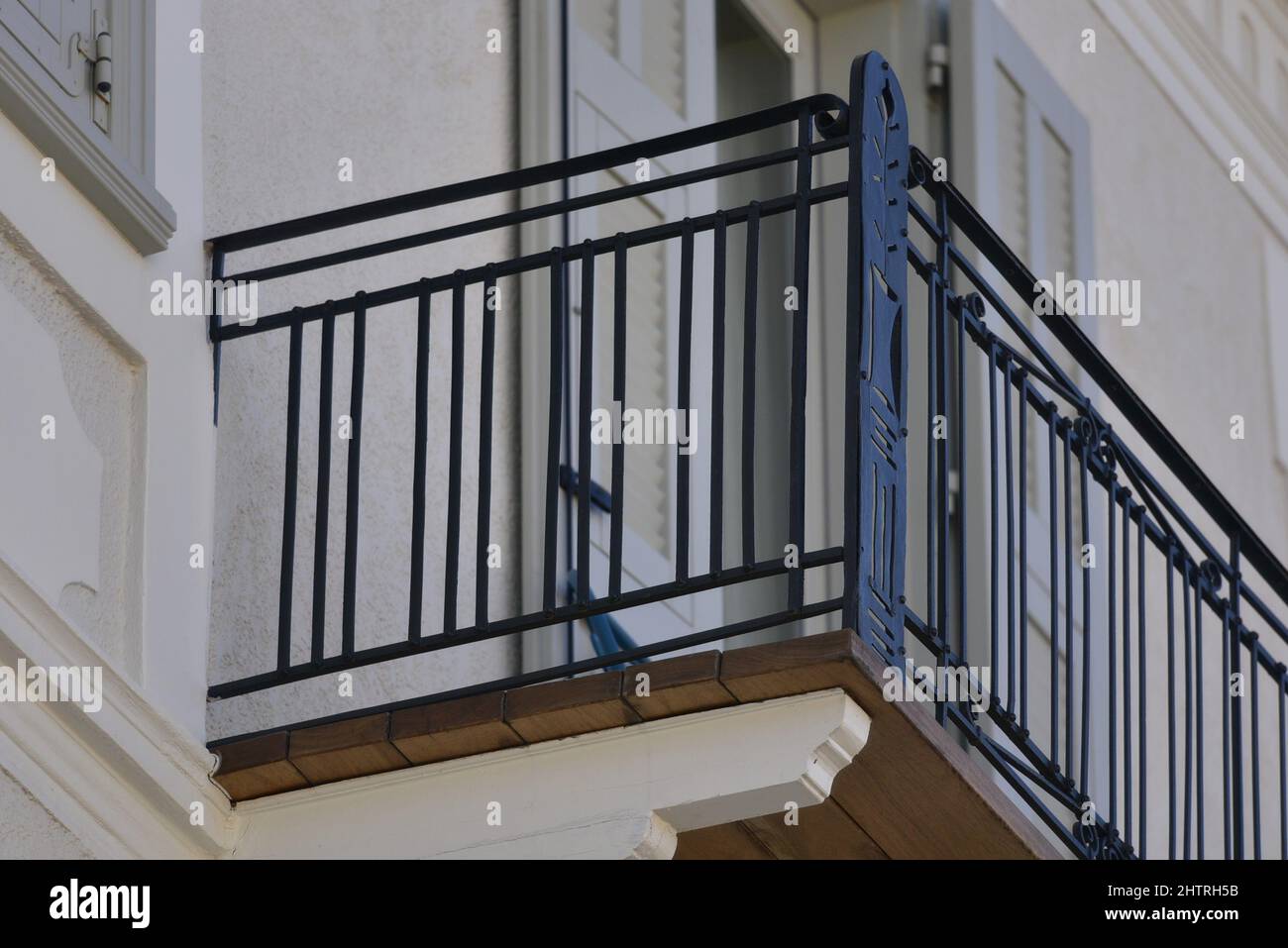 Traditional handcrafted wrought iron balcony railing in Nafplio, Greece ...