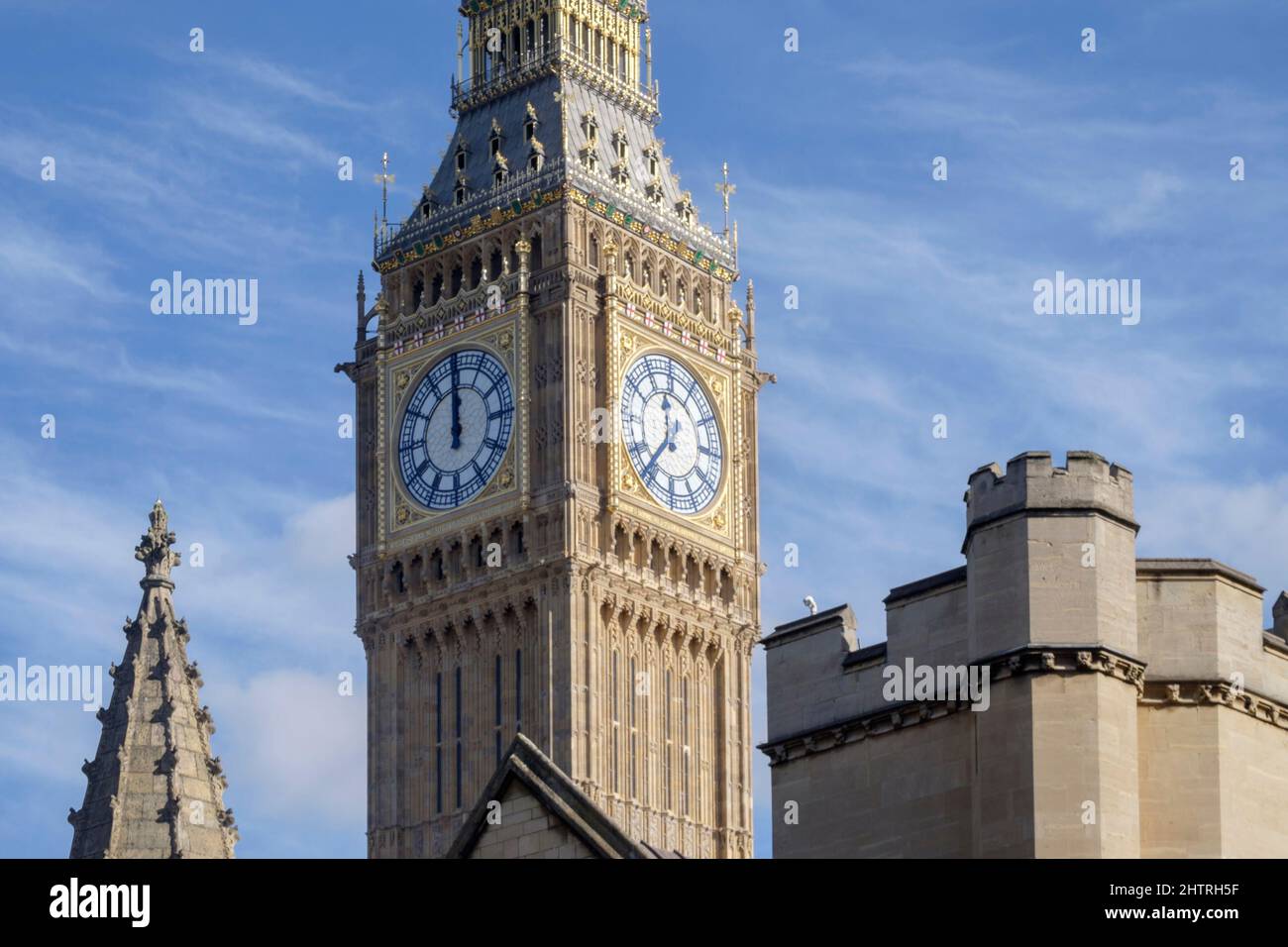 West face of Big Ben clock stopped at 12 o'clock to allow maintenance