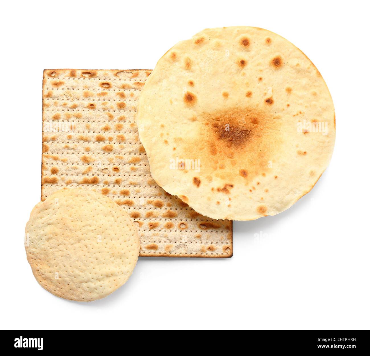Different Jewish flatbread matza for Passover on white background Stock