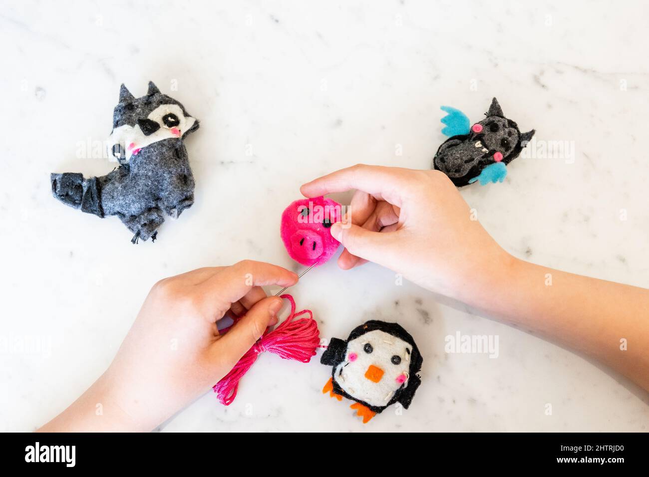 Child Hands Sewing Colorful Felt Animals Stock Photo Alamy