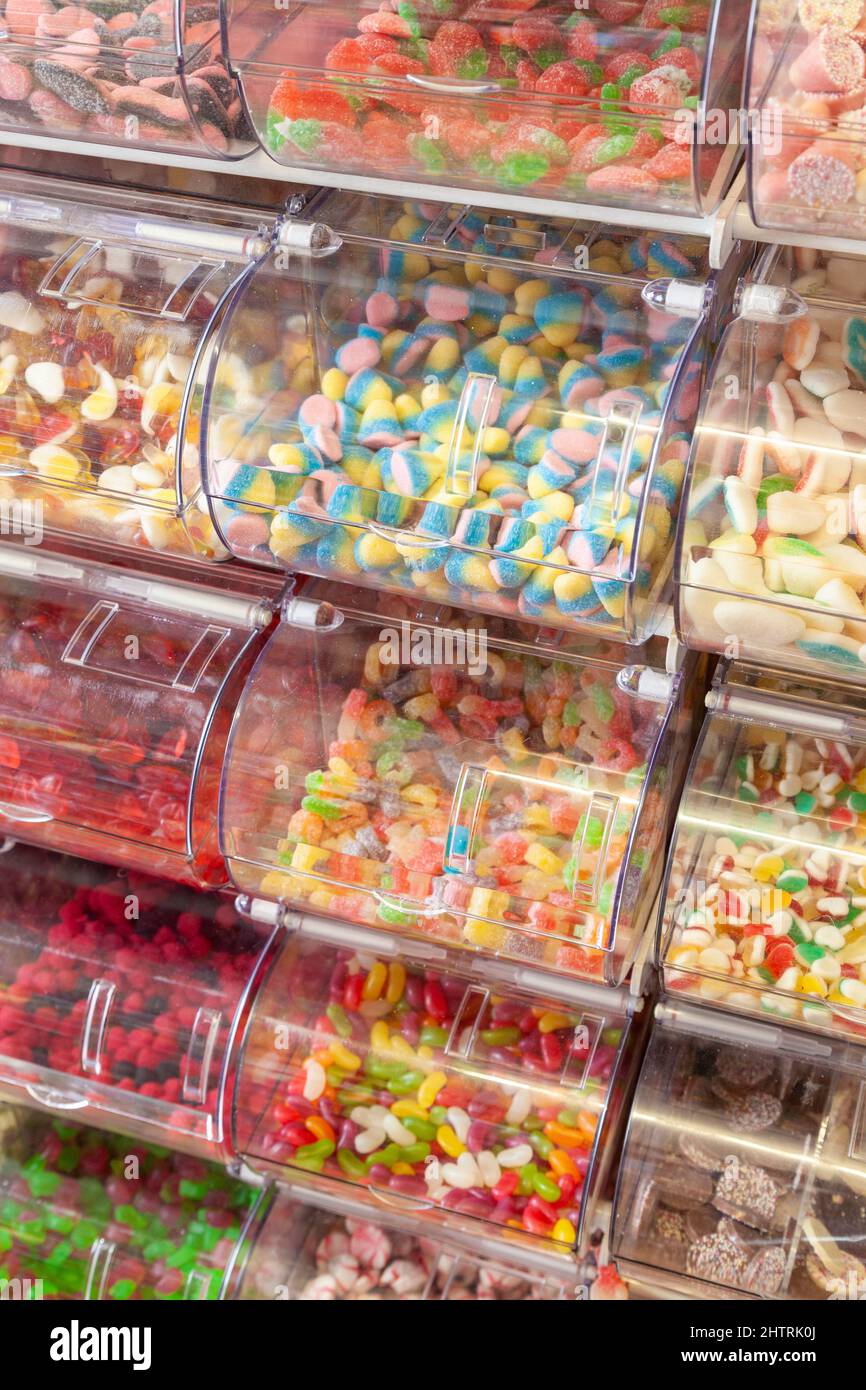 Pick and Mix sweets in plastic storage Stock Photo