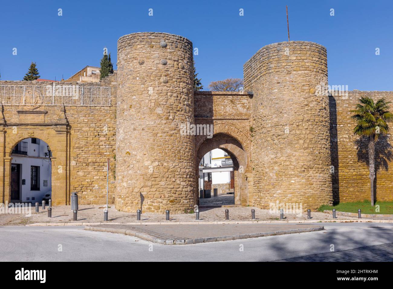 The 13th century Puerto de Almocabar, or Almocabar Gate and city walls, Ronda, Malaga Province, Andalusia, southern Spain. Puerto de Almocabar comes f Stock Photo