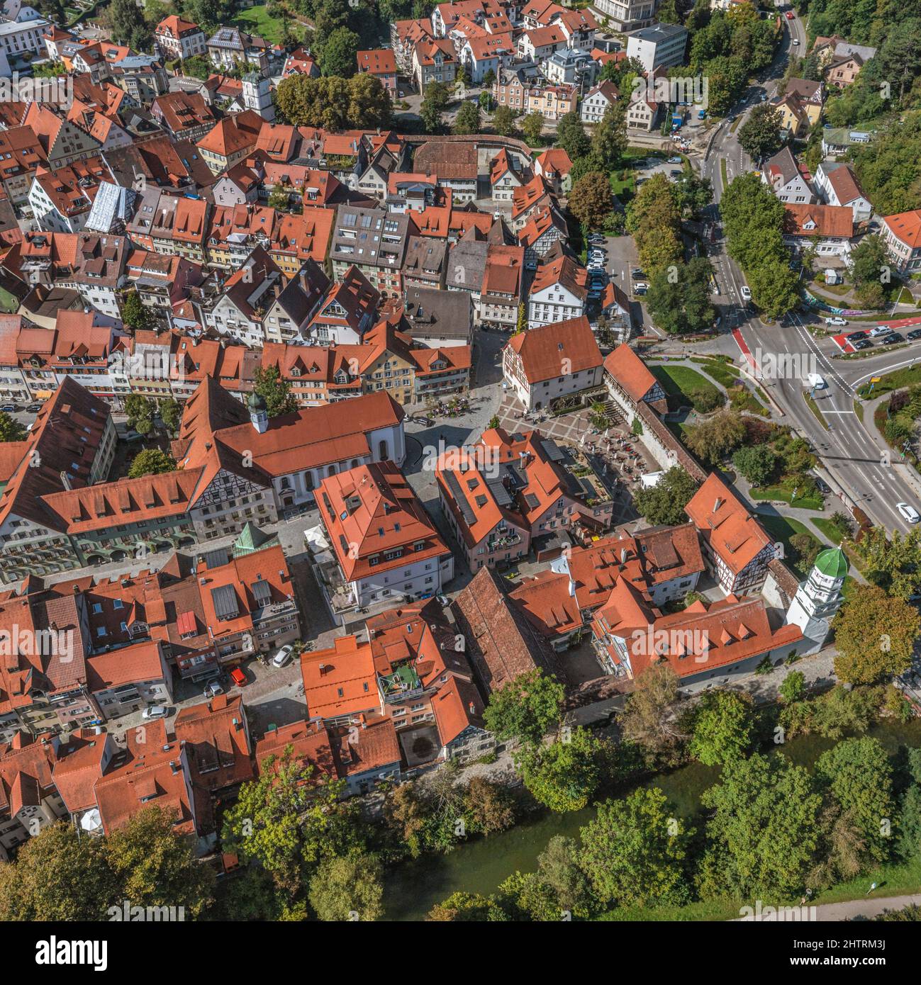 Aerial view to the beautiful town of Wangen in western part of Allgaeu ...