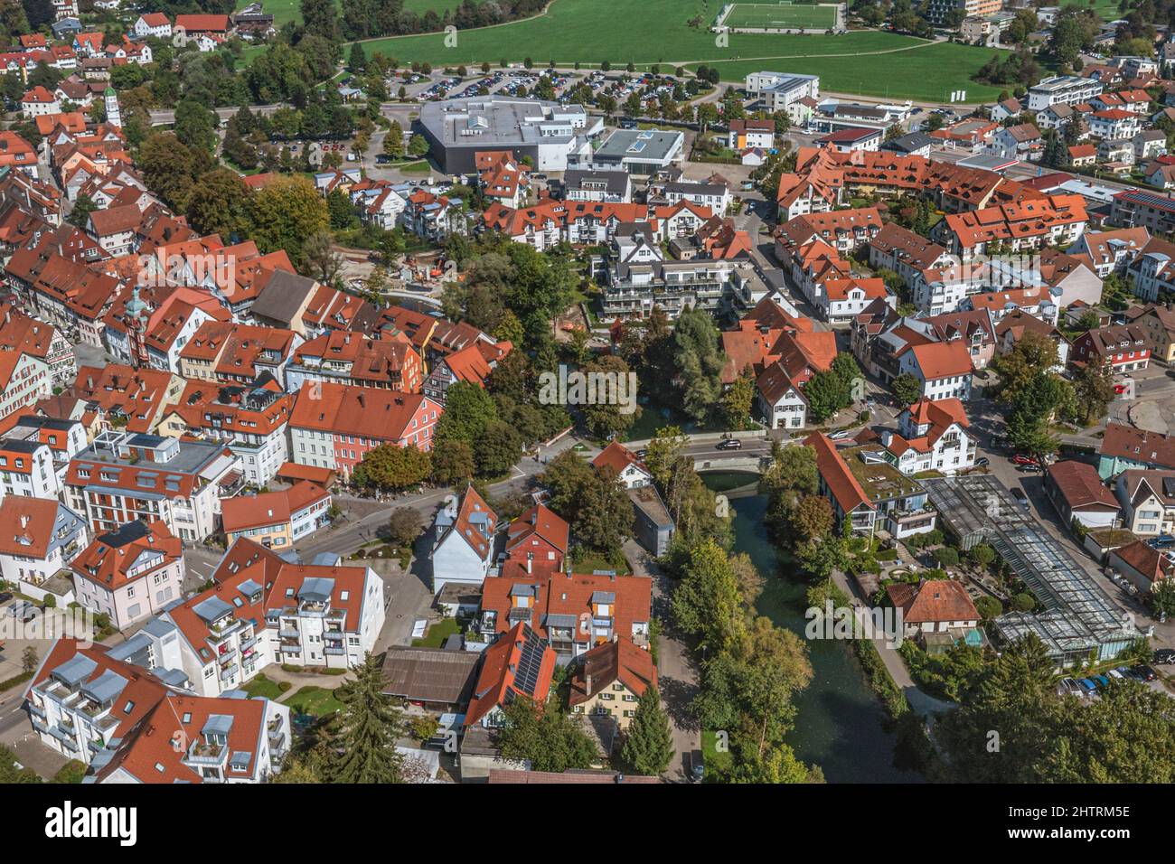Aerial view to the beautiful town of Wangen in western part of Allgaeu ...